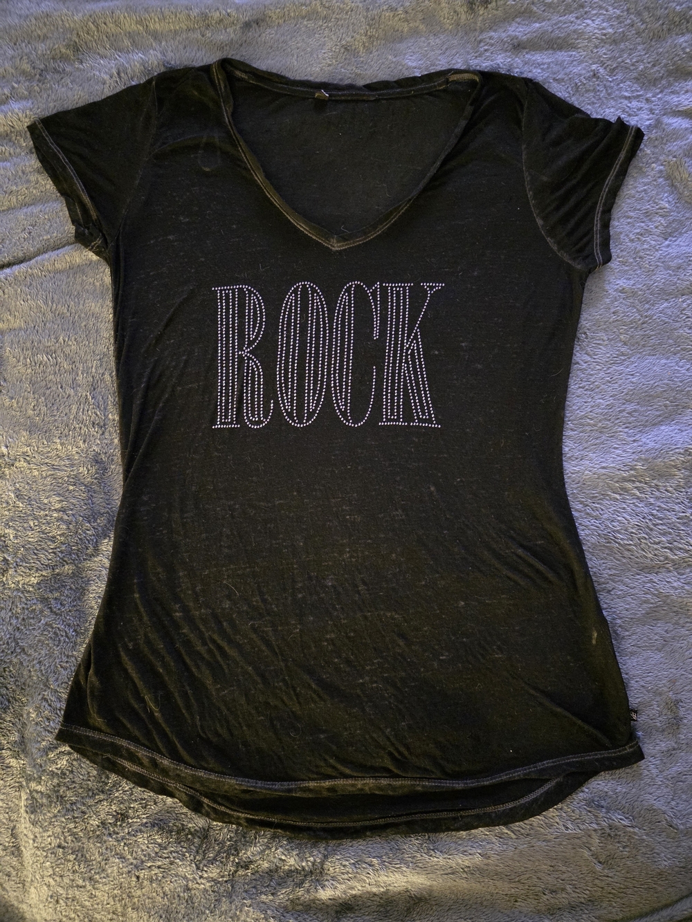 Black Burnout 'ROCK' Studded V-Neck Women's Tee
